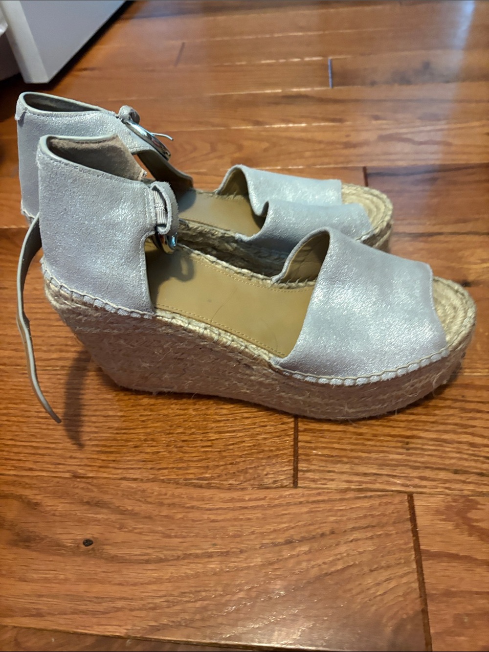 Marc Fisher Silver Espadrille Wedge Sandals with Ankle Tie